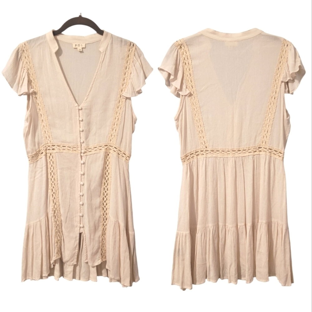 POL Cream Button-Dow Crochet Lace Flutter Sleeves Tunic Boho Blouse Top Wmns M